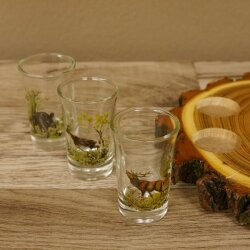 Proveedor de aguardiente en tabla de aguardiente con escudo de acacia H18 cm. Asa con forma de asta de ciervo rojo con 6 vasos de colores vivos. Motivo de caza. Motivo animal. 27.7.3.10