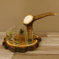 Proveedor de aguardiente en tabla de aguardiente con escudo de acacia H18 cm. Asa con forma de asta de ciervo rojo con 6 vasos de colores vivos. Motivo de caza. Motivo animal. 27.7.3.10