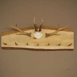 Porte-manteau en bois avec 7 pointes de cerf, 2 barres de chevreuil et des crochets, sur une planche en bois. Porte-manteau mural en bois de chevreuil, pièce unique 27.8.125