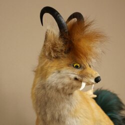 Wolpertinger Wolpi Fuchs mit Gamshörnern Drachenfuchs grüner Schwanz Präparat Fabelwesen