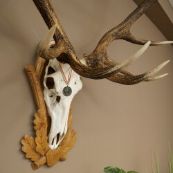 Rothirschgeweih 14 ender Hirsch Medaille silberfarben Höhe 127 cm Hirschgeweih Geweih auf geschnitztem Trophäenschild