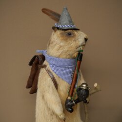 Taxidermied Wolpertinger marmot hiker with hat, backpack, neckerchief, walking stick, and pipe