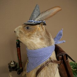 Taxidermied Wolpertinger marmot hiker with hat, backpack, neckerchief, walking stick, and pipe