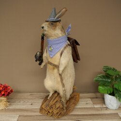 Taxidermied Wolpertinger marmot hiker with hat, backpack, neckerchief, walking stick, and pipe
