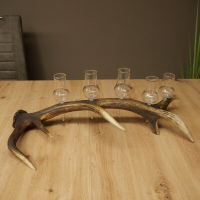 Set da liquore: 5 bicchieri alti con stelo su un supporto a forma di corna di cervo rosso - Regalo 27.60.2.66