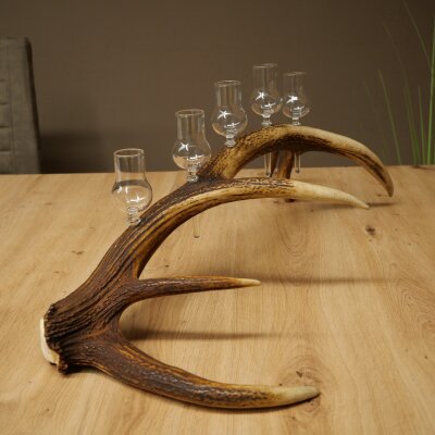 Liqueur Set: 5 Small Stemmed Glasses on a Red Deer Antler Stand – Gift Set 27.60.2.99