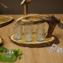 Schnaps Anbieter Akazienschild mit Rothirsch Spitze + Gläser hoch weiß Jagdmotiv