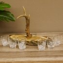 Schnaps Anbieter Akazienschild mit Rothirsch Spitze + Gläser hoch weiß Jagdmotiv