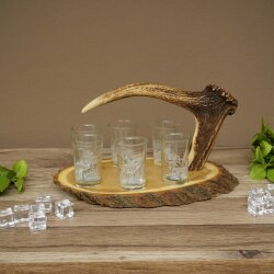Schnaps Anbieter Akazienschild mit Rothirsch Spitze + Gläser hoch weiß Jagdmotiv