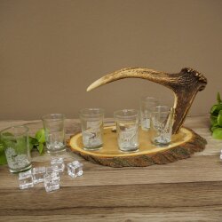 Schnaps Anbieter Akazienschild mit Rothirsch Spitze + Gläser hoch weiß Jagdmotiv