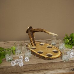 Schnaps Anbieter Akazienschild mit Rothirsch Spitze + Gläser hoch weiß Jagdmotiv