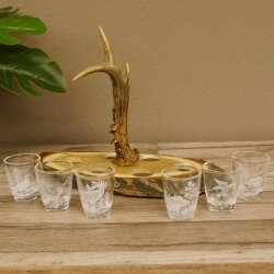 Schnaps Anbieter Akazienschild mit Rothirsch Spitze + Gläser hoch weiß Jagdmotiv