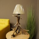 Lampada da terra composta da 3 corna di daino, a una luce, con corna di daino, stelo, lampada, paralume