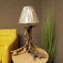 Lampada da terra composta da 3 corna di daino, a una luce, con corna di daino, stelo, lampada, paralume