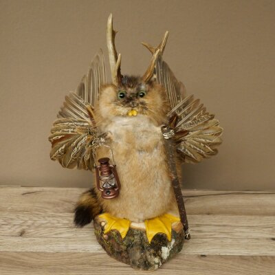 Wolpertinger «Wolpi» grande, disecado de rata almizclera, ojos verdes, con alas, cuernos, bastón y linterna. Altura: 38 cm. Criatura mítica. Regalo divertido. 86.14.14