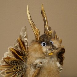 Wolpertinger Wolpi Bisam Präparat mit Stock Rehgeweih lila Augen Fabelwesen 86.4.139
