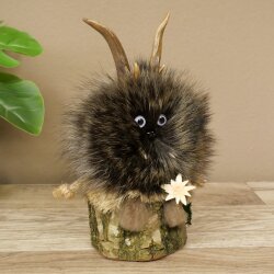 Wolpertinger Wolpi Präparat Mini auf Holz Edelweiss und lila Augen Höhe 21 cm 86.1.3.54