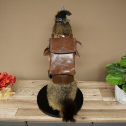 Wolpertinger: marmotta escursionista imbalsamata con cappello, zaino, sciarpa, bastone e borraccia
