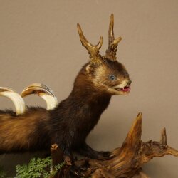 Turón Wolpertinger Wolpi, pieza taxidérmica, cuernos de corzo, colmillos de jabalí, altura 45 cm, 86.11.4