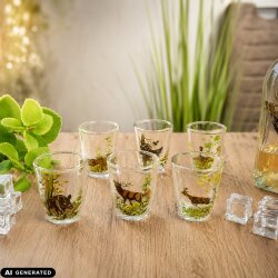 6 teiliges Schnaps Gläser Set "kurz" mit farbigen Jagdmotiv - 2 cl -