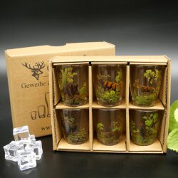 6 teiliges Schnaps Gläser Set "kurz" mit farbigen Jagdmotiv - 2 cl -
