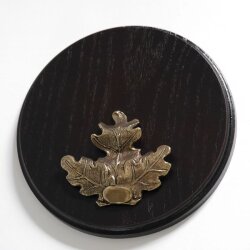 Boar shield, boar board, trophy board, round, dark, AF 17 cm, with oak leaf cover sheet, large