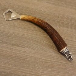 Flaschenöffner mit Hirsch Geweih Stange Hirschhorn Griff mit Endkappe Verzierung Hirsch stehend GL23cm #27.19.7.13