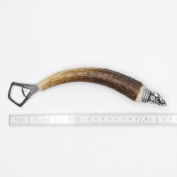 Flaschenöffner Öffner mit Hirsch Geweih Stange Hirschhorn Griff mit Endkappe Verzierung Hirsch stehend GL 24 cm #27.19.7.24